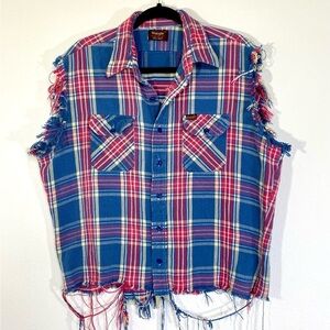 Wrangler Plaid Button Up Shirt Flannel Fringe Sleeveless Distressed